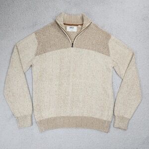 BKE Sweater Mens Large Beige Waffle Knit Cotton Quarter Zip Mock Neck Pullover